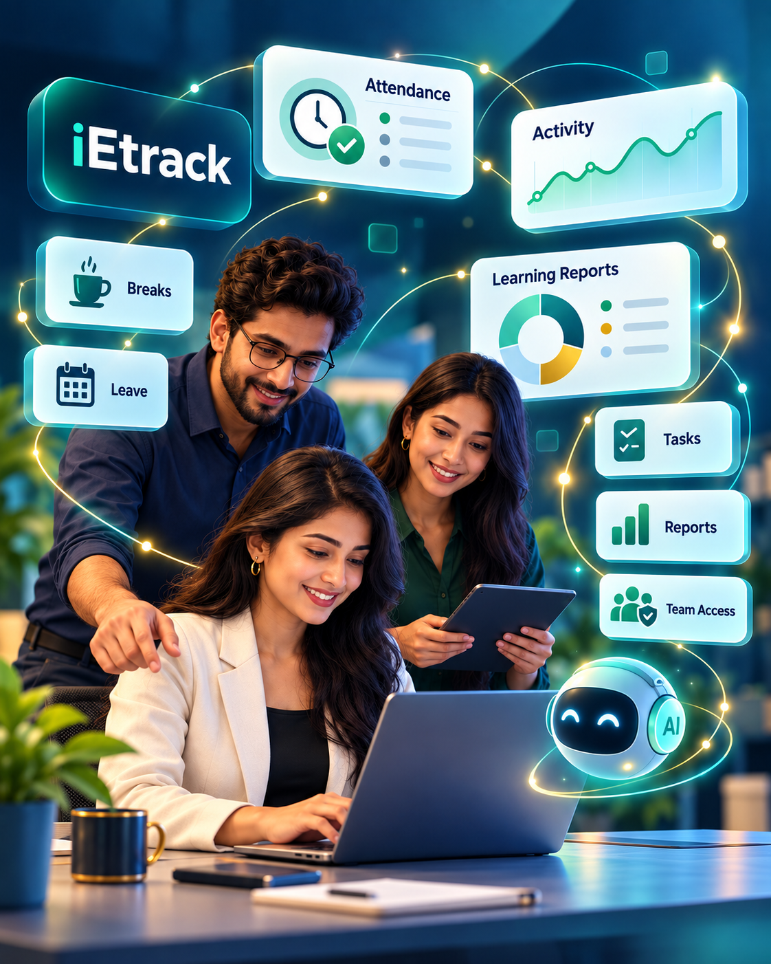 Team collaborating with iEtrack attendance, activity, leave, tasks and reporting visuals